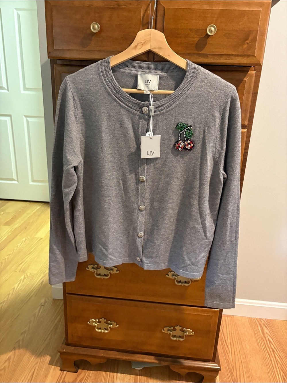 Milano Gray Cardigan with Beaded Cherry Accent